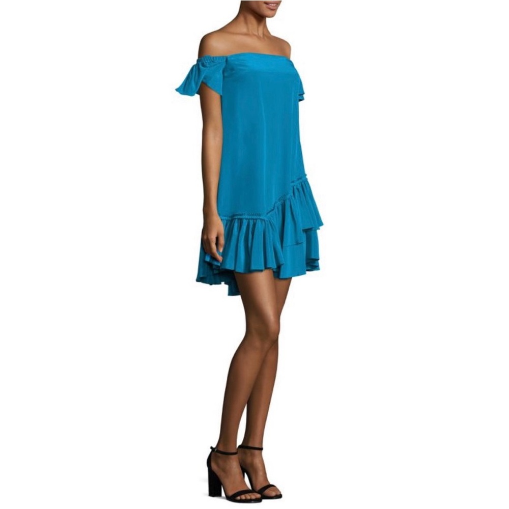 Cinq A Sept Minella Off The Shoulder Ruffle Asymmetrical Mini Dress Size 0 Teal
